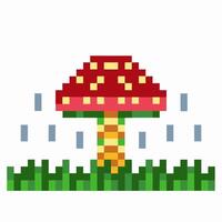 Pixel art mushroom with red cap in a grassy field with rain drops vector