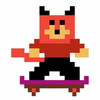 pixel art demon riding skateboard with tail, vibrant retro 8 bit game character, colorful fun design vector