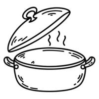 open cooking pot with steam, outlined kitchen cookware rustic design for culinary concepts vector