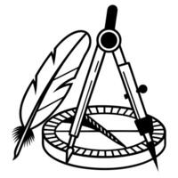 Feather, compass, and protractor illustration design tools sketch, creative art, geometry elements vector