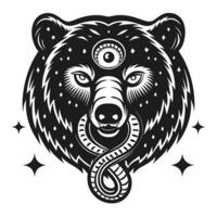 intricate bear and snake design mystical third eye symbolism with starry accents in black and white artwork vector