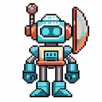 Retro pixel art robot with shield and antenna vintage digital character in classic game vector