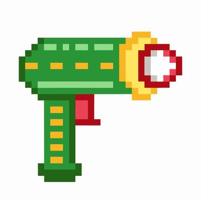 retro pixel art green ray gun with yellow and red details, 1980s game weapon on white background