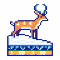 Pixel art deer standing on snowy platform, retro game vector