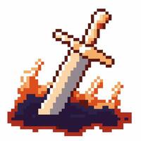 pixel sword in fiery lava retro gaming icon, adventure fantasy weapon, 8 bit art design, pixelated vector