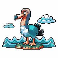 pixel art dodo bird retro digital illustration, extinct animal on island with cloud background vector