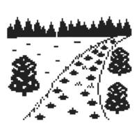 Pixelated winter landscape with trees and path in snowy forest scene vector