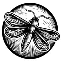 stylized dragonfly illustration in monochrome circle design, intricate line art emphasizing insect details vector