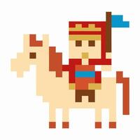 pixel art knight on horseback with blue flag, medieval character in 8 bit style, retro gaming vector