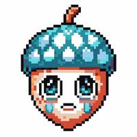 Pixelated acorn with teardrop eyes, retro digital art, sad expression vector