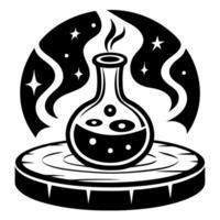 steaming potion flask on a mystical wooden platform with starry night backdrop, magical alchemy vector