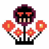Retro pixel art monster with red eyes and flowers, 8 bit game icon vector