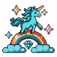 Pixel art unicorn on rainbow with sparkling stars and diamond fantasy, colorful digital retro design vector