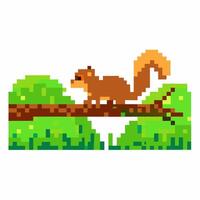 pixel art squirrel on a branch retro game style, brown animal, green foliage, 8 bit forest scene vector