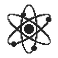 Pixel art atomic structure black and white atom illustration, nucleus and orbiting electrons vector