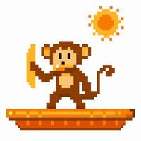 Pixel art monkey surfing with banana shield under pixelated sun in retro gaming vector
