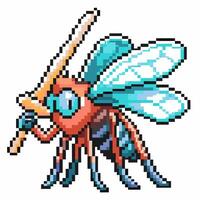 pixel art insect warrior with a lance retro blue winged bug videogame sprite character in pixelated vector