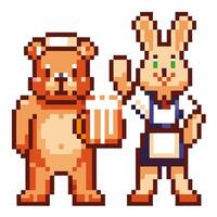 Pixel art bear and rabbit serving beer, friendly pub scene with cute characters vector