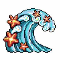 Pixel art ocean wave with starfish and foam in retro vector