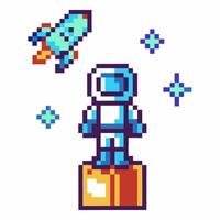 pixel art astronaut on platform, rocket spaceship and stars retro gaming style, space exploration adventure vector