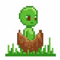 Pixel alien emerging from ground green extraterrestrial character, retro game art vector