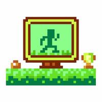 pixelated 8 bit game art retro gaming scene, digital character on monitor, green pixel vector