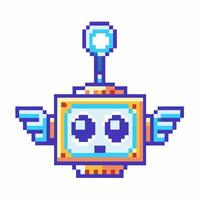 Pixel art robot with wings and antenna colorful retro technology character on white background vector