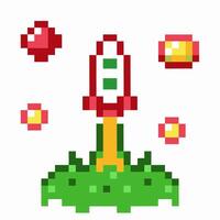 Pixelated rocket launch with retro space theme and vibrant colors vector