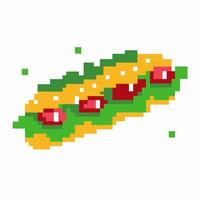 Pixel art sandwich with lettuce, tomato, cheese retro food design, colorful digital illustration vector