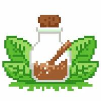 pixel art potion bottle with green leaves magical elixir in corked flask, pixelated nature inspired digital design vector