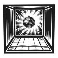 Monochrome disco ball in geometric design room, dynamic light lines and reflections vector