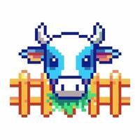 Pixel art cow behind fence, retro game nostalgic farm scene, colorful digital art vector