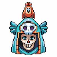 Pixel art skull warrior helmet, colorful retro design with skulls and vibrant patterns vector