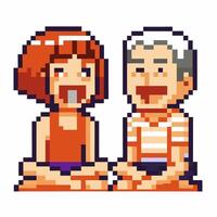 retro pixel art characters laughing, sitting together pixelated nostalgic design, humor vector
