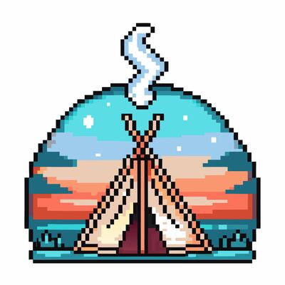 Pixel art cozy campsite sunset tent, stars, serene evening sky, digital illustration