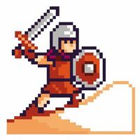 Pixel art warrior knight with sword and shield, retro game character on stairs vector