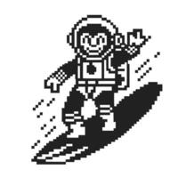Pixelated surfer astronaut on a spaceboard, retro digital art, black and white graphic vector
