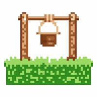 Pixel art well with wooden frame and bucket on grass block vector
