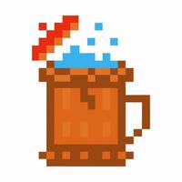 pixel art mug with frothy blue beverage, retro gaming nostalgic design with pixelated drink animation vector