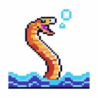 Pixel art sea serpent emerging from waves, retro game design vector