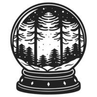 Winter forest in a snow globe black and white illustration of pine trees and snowfall inside globe vector