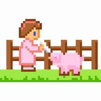 pixel art farmer feeding piglet retro game style, pixelated character and animal vector