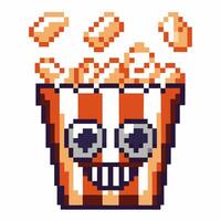 Pixel art popcorn character, smiling face with lively expression, animated food design vector