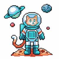 Pixel art astronaut cat in space with planets and moons vector
