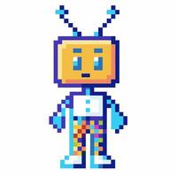 Pixel art robot with antennae in colorful checkered pants retro digital character with vibrant design vector