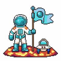 pixel astronaut on alien planet with flag and robot retro space exploration pixel art, adventure vector