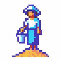 pixel art farmer holding bucket in field retro game character in blue attire vector