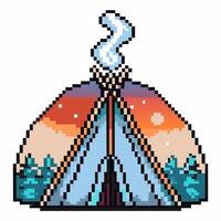 Pixel art tent scene with steaming chimney, colorful sunset sky, and background trees vector