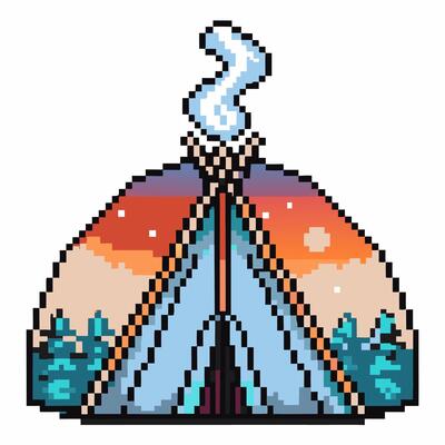 Pixel art tent scene with steaming chimney, colorful sunset sky, and background trees