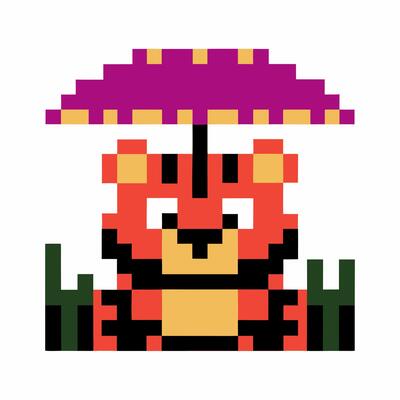 Pixel art tiger with purple umbrella, retro game nostalgic animal character, vibrant colors
